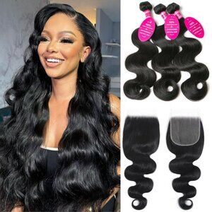 Body Wave Human Hair Bundles with Closure 22 24 26 + 20 Inches Virgin Remy